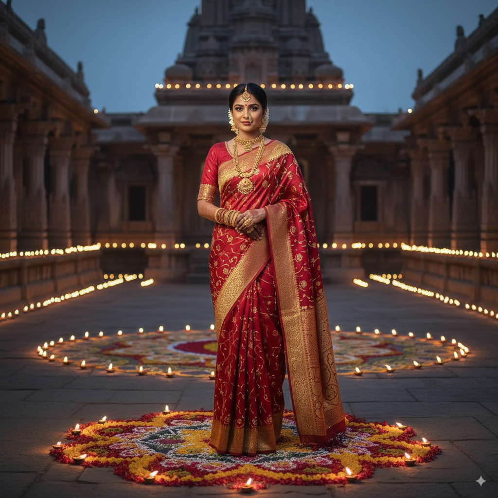 Traditional Nano Banana Saree with intricate handwoven banana silk patterns, golden zari embroidery fused with nanotech fibers, bride in a temple courtyard with diya lamps, ultra-detailed cultural photography.